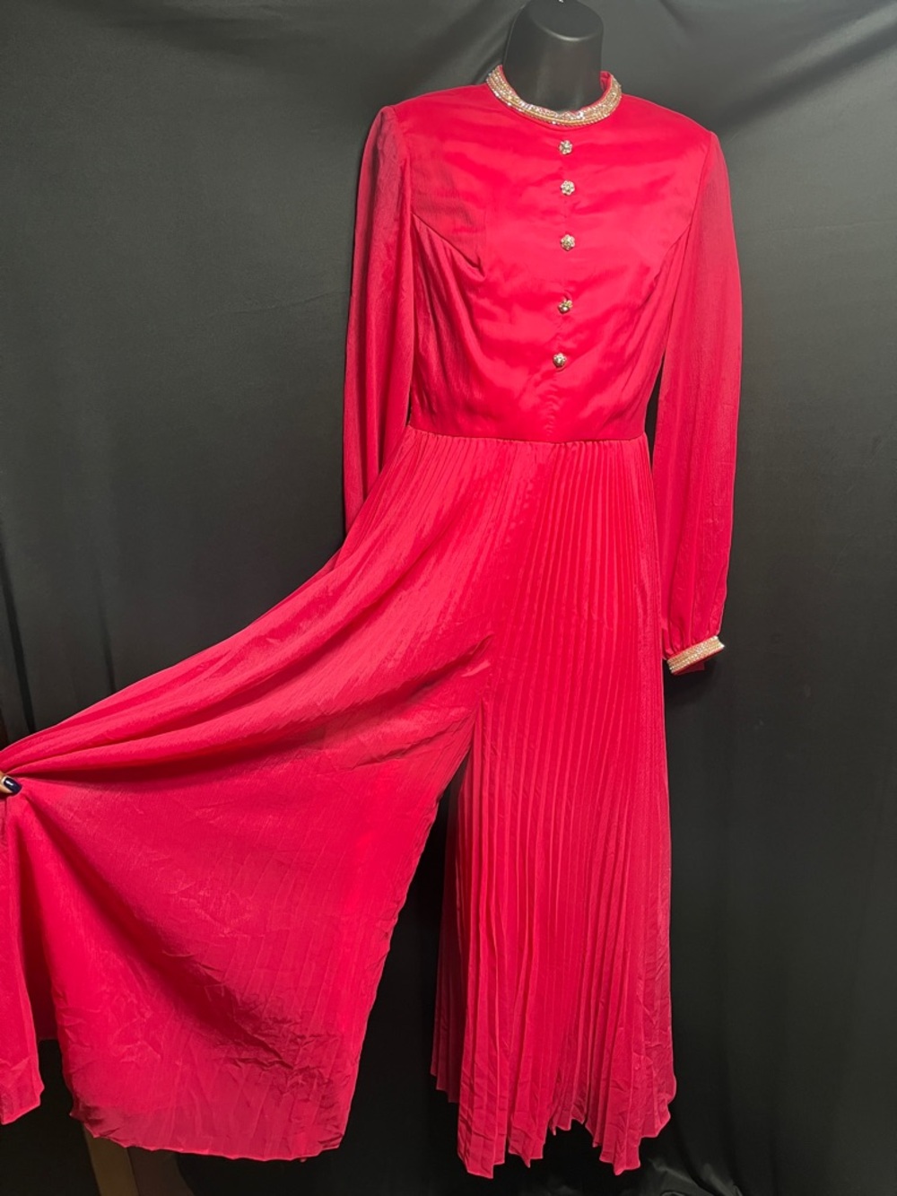 Vibrant Hot Pink Pleated Long-Sleeve Wide Leg One Piece